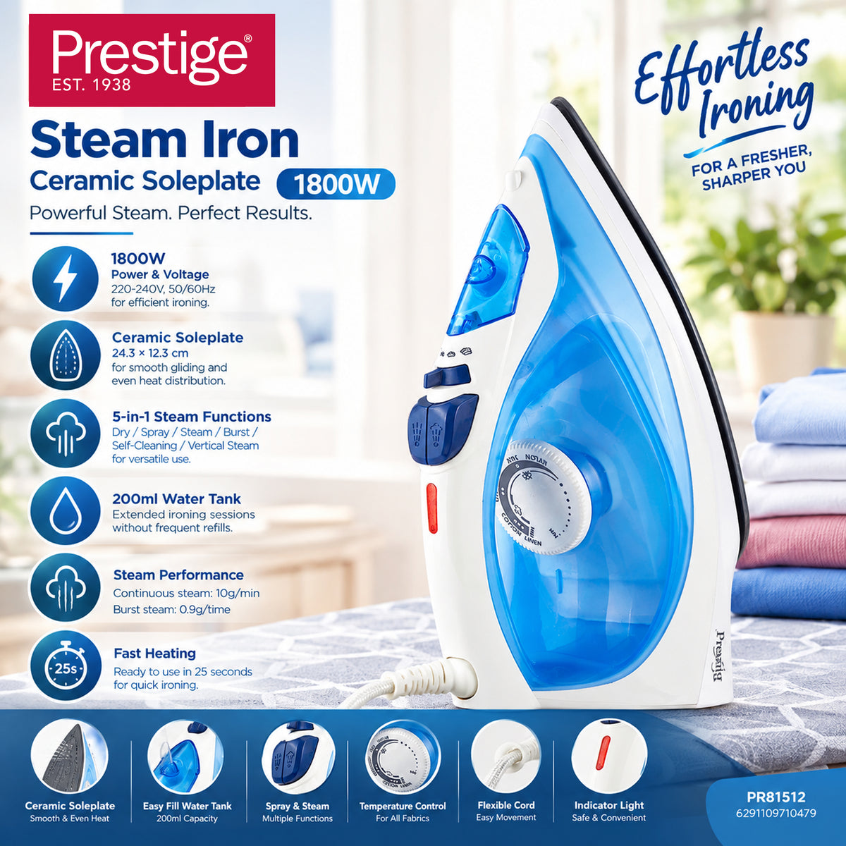 Prestige Steam Iron Ceramic Soleplate - 1800W | PR81512