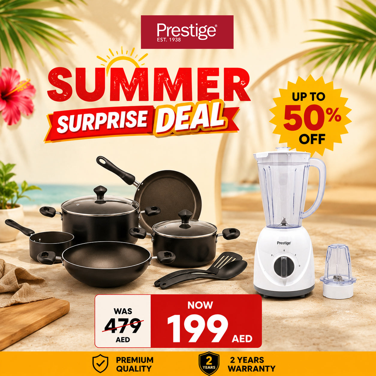 Prestige 9-Piece Non-Stick Cookware Set (PR22480) + 2-in-1 Stand Blender with Grinder 1.5L (PR81529) Combo Pack | PR81644