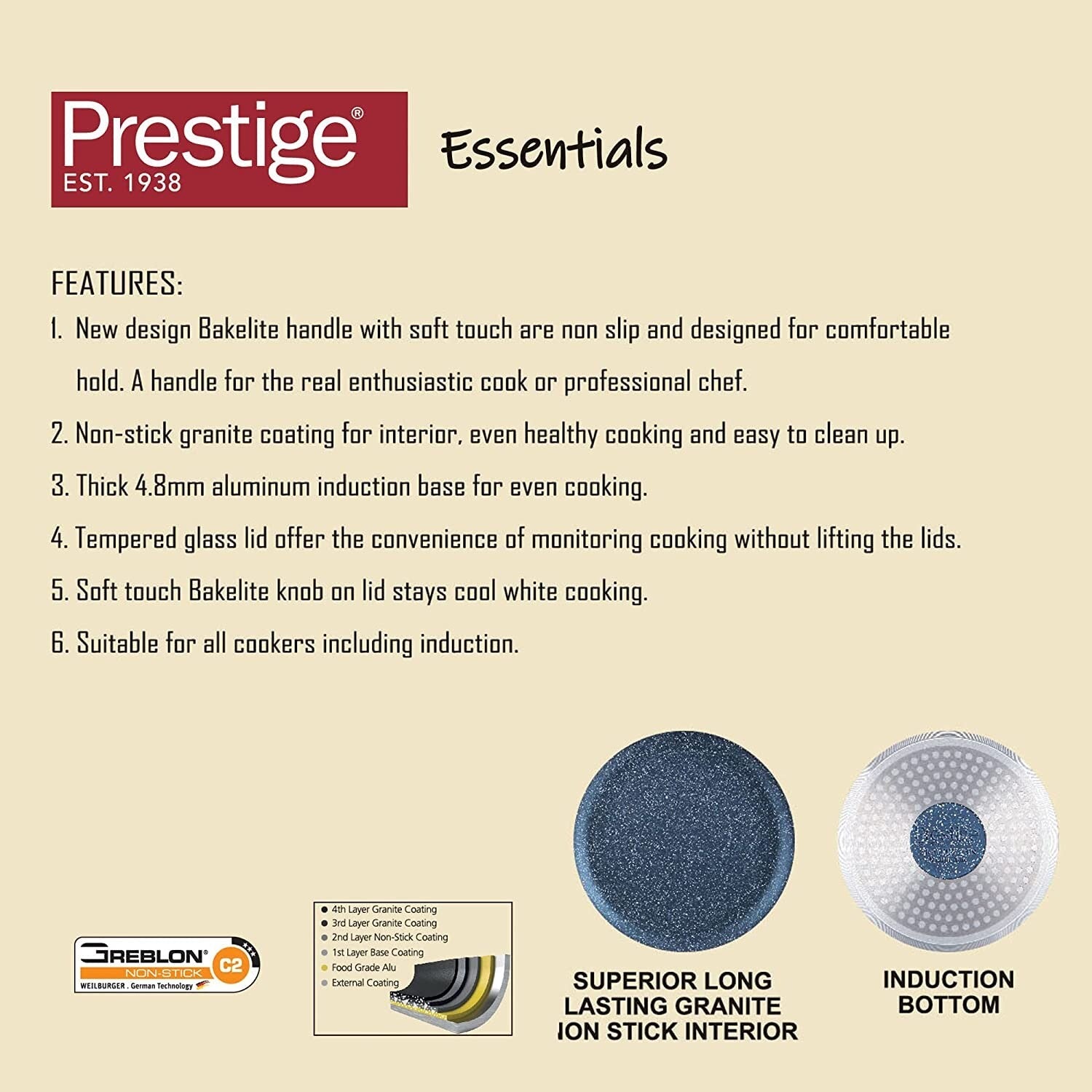 Prestige Essentials Granite 12 Piece Non-Stick Cast Aluminium Cookware sets | Induction Compatible Pots and Pans Set | Blue - PR80966