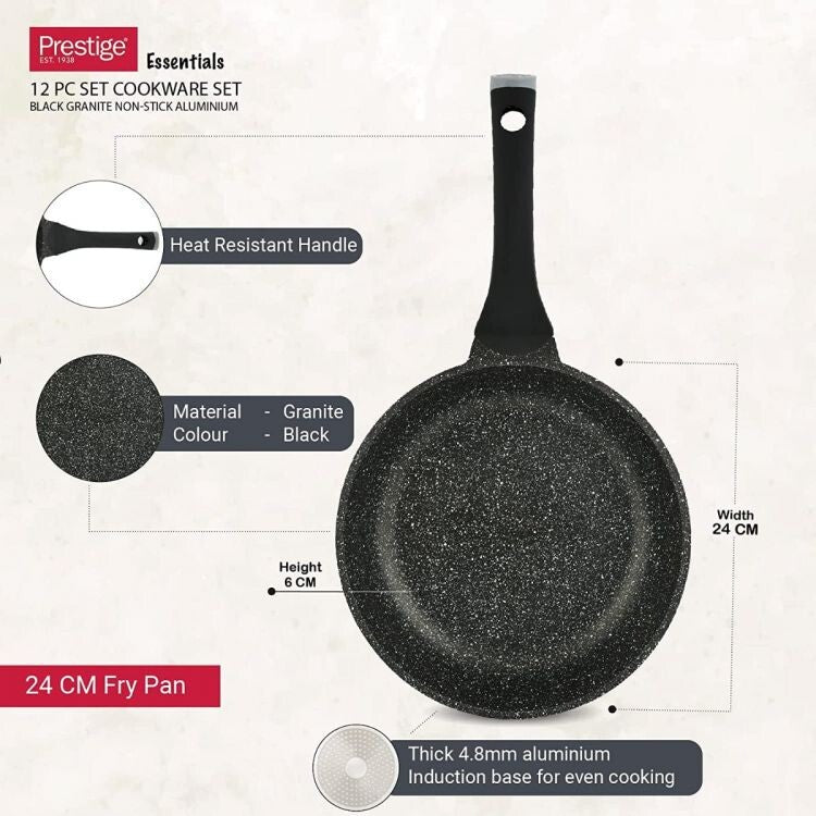Prestige Essentials Granite 12 Piece Non-Stick Cast Aluminium Cookware sets | Induction Compatible Pots and Pans Set | Black - PR80965