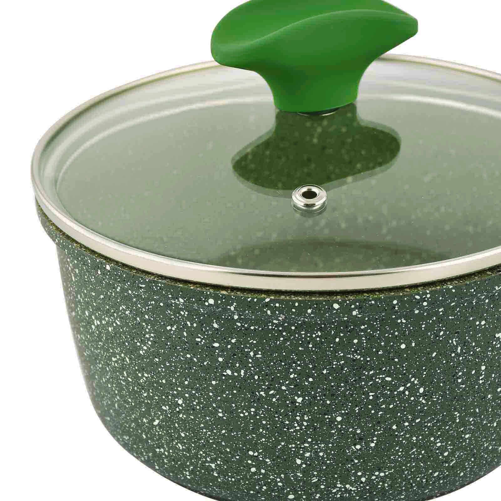 Prestige Essentials Sauce Pan with Glass Lid 18 Cm | Induction Compatible Non Stick Pan | Granite Coted Cooking Pot | Green - PR81107