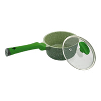 Prestige Essentials Sauce Pan with Glass Lid 16 Cm | Induction Compatible Non Stick Pan | Granite Coted Cooking Pot | Green - PR81106