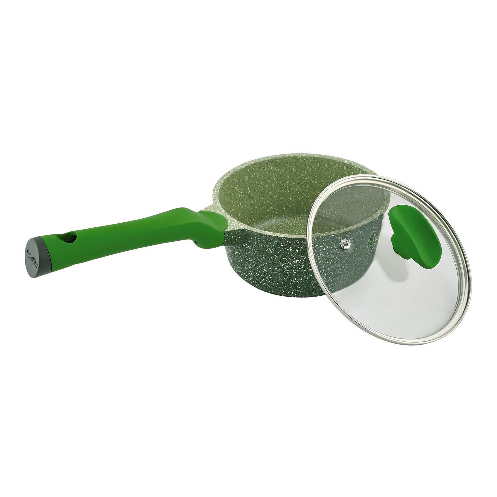 Prestige Essentials Sauce Pan with Glass Lid 18 Cm | Induction Compatible Non Stick Pan | Granite Coted Cooking Pot | Green - PR81107