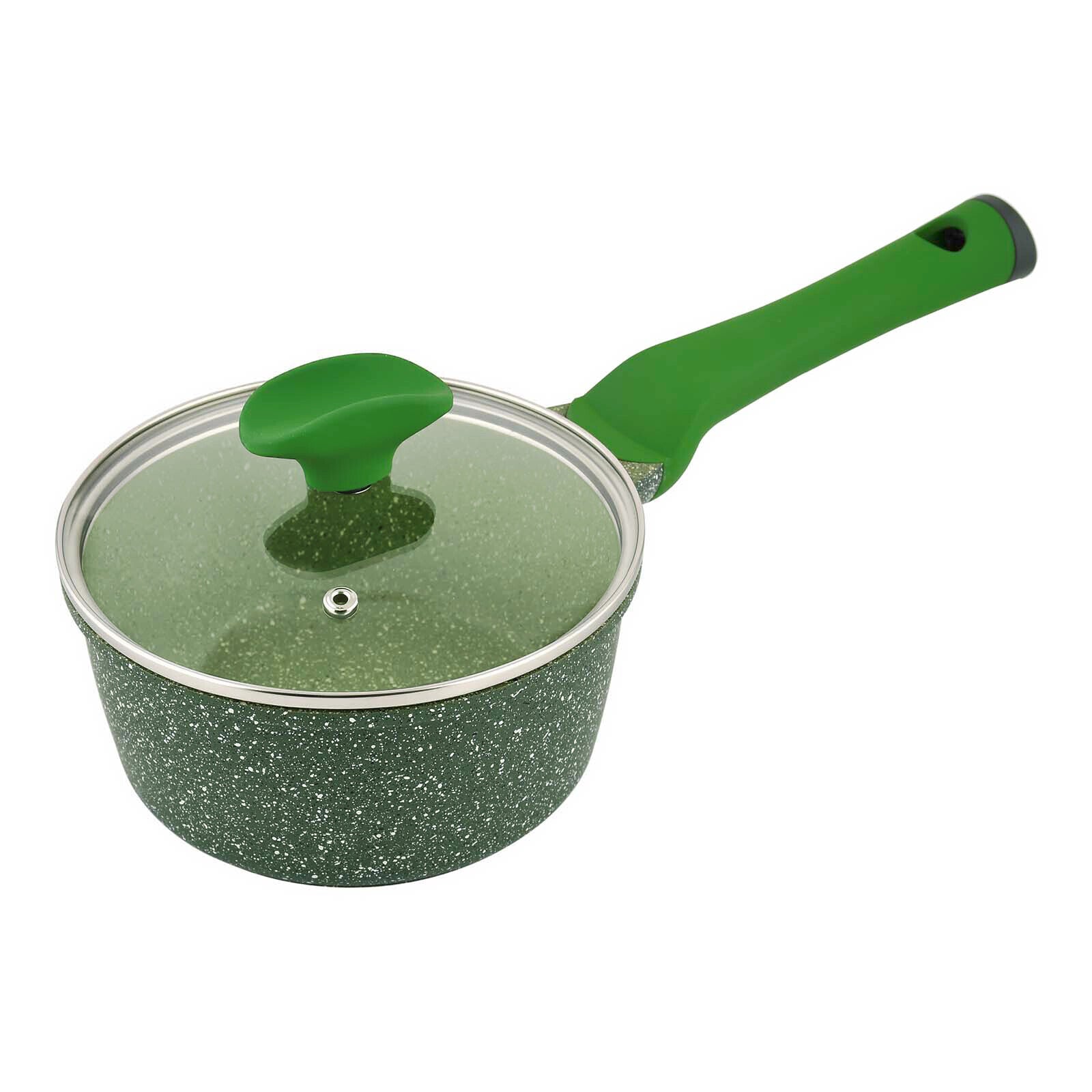 Prestige Essentials Sauce Pan with Glass Lid 18 Cm | Induction Compatible Non Stick Pan | Granite Coted Cooking Pot | Green - PR81107