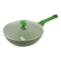 Prestige Essentials Wok Pan 30 Cm | Induction Compatible Non Stick Pan | Granite Coted Cooking Pot | Green - PR81117