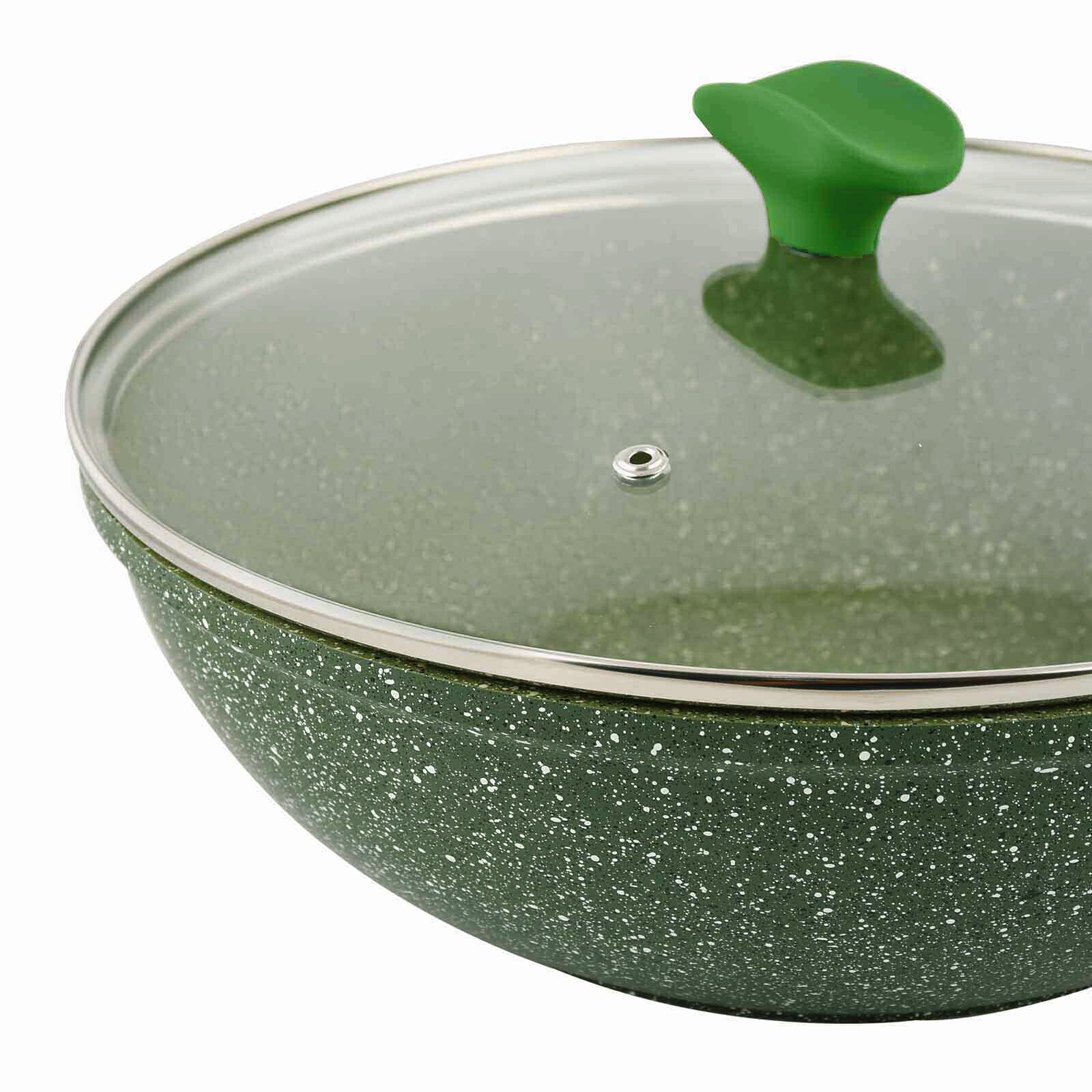 Prestige Essentials Wok Pan 28 Cm | Induction Compatible Non Stick Pan | Granite Coted Cooking Pot | Green - PR81116