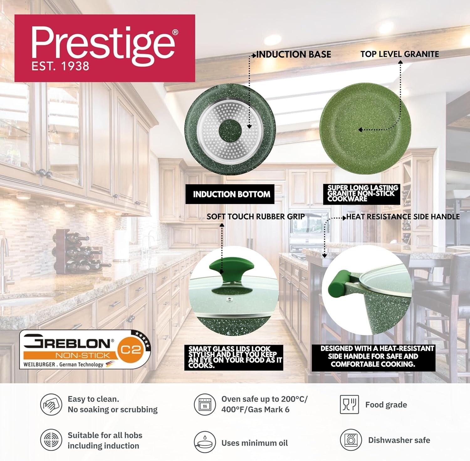 Prestige Essential 10 pcs Cookware Sets | Granite Coated Pots and Pans Set | Non-Stick Induction Compatible Cookware | Black - PR80997