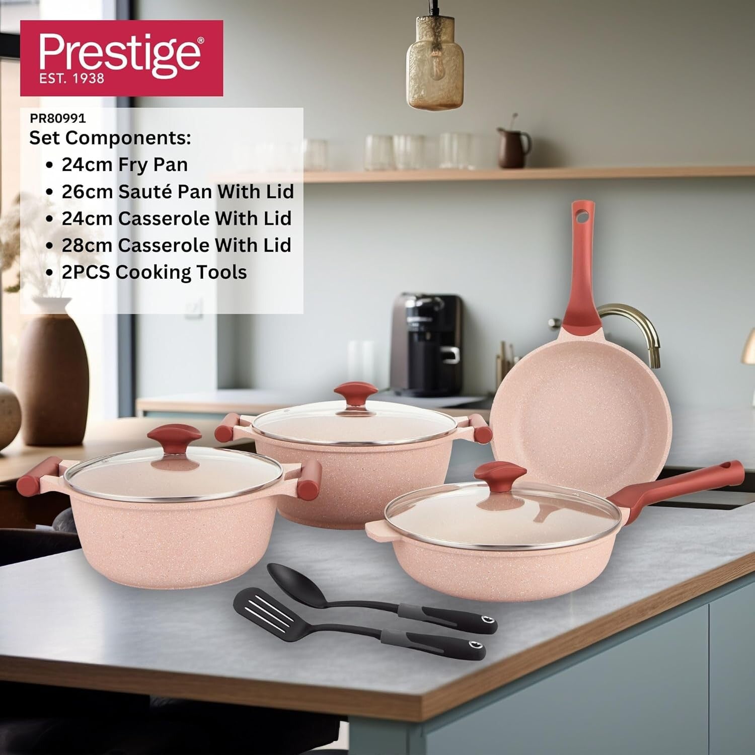 Prestige Essentials 9pcs Pots and Pans Set | Nonstick Cookware Sets | Granite Pots Set | Kitchen Induction Pots and Pans Cooking Sets | Pan Sets for Cooking | Pink - PR80991