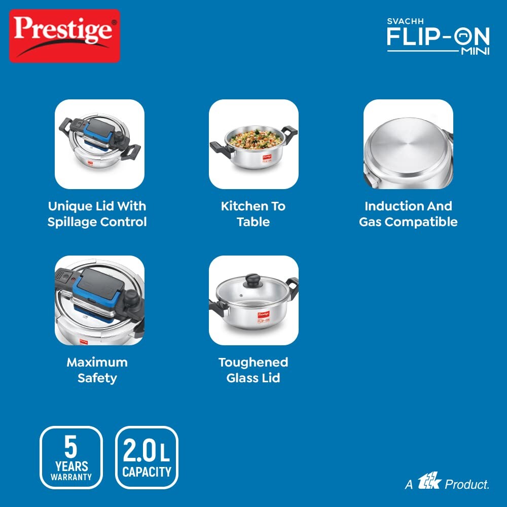 Prestige Svachh FLIP-ON Mini SS Pressure Cooker 18 cm-2 L with Glass Lid | MPF20164