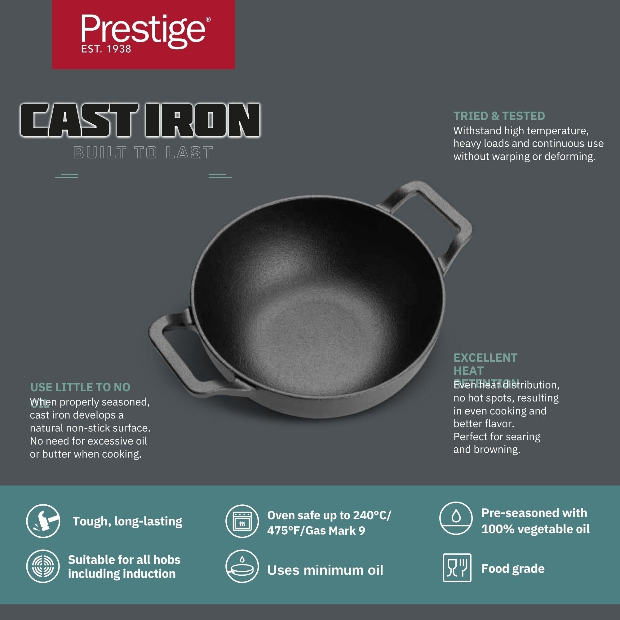 Prestige Cast Iron Pre-Seasoned Kadai 24 CM | PR48895