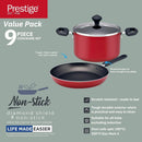 Prestige Value Pack Non-Stick Cookware sets 9Pcs | Non Stick Aluminium Pots and Pans Cooking Set | Soup Pots Set | Frying Pan Set | PR22430 - Red