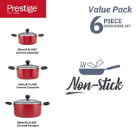 Prestige Value Pack Non-Stick Cookware sets 6Pcs | Non Stick Aluminium Pots and Pans Cooking Set | Soup Pots Set | Frying Pan Set | PR22453 - Red