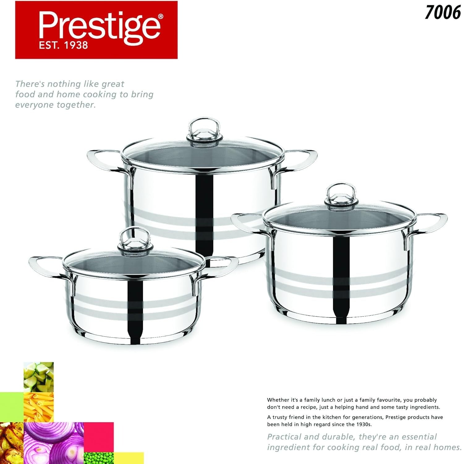 Prestige 6 Pieces Stockpot Set | Stainless Steel Cookware Set | Induction Compatible Cooking Pots Set with glass Lid | 20cm/3L, 26cm/8L, 30cm/14L - PR7006