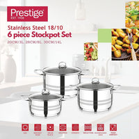 Prestige 6 Pieces Stockpot Set | Stainless Steel Cookware Set | Induction Compatible Cooking Pots Set with glass Lid | 20cm/3L, 26cm/8L, 30cm/14L - PR7006