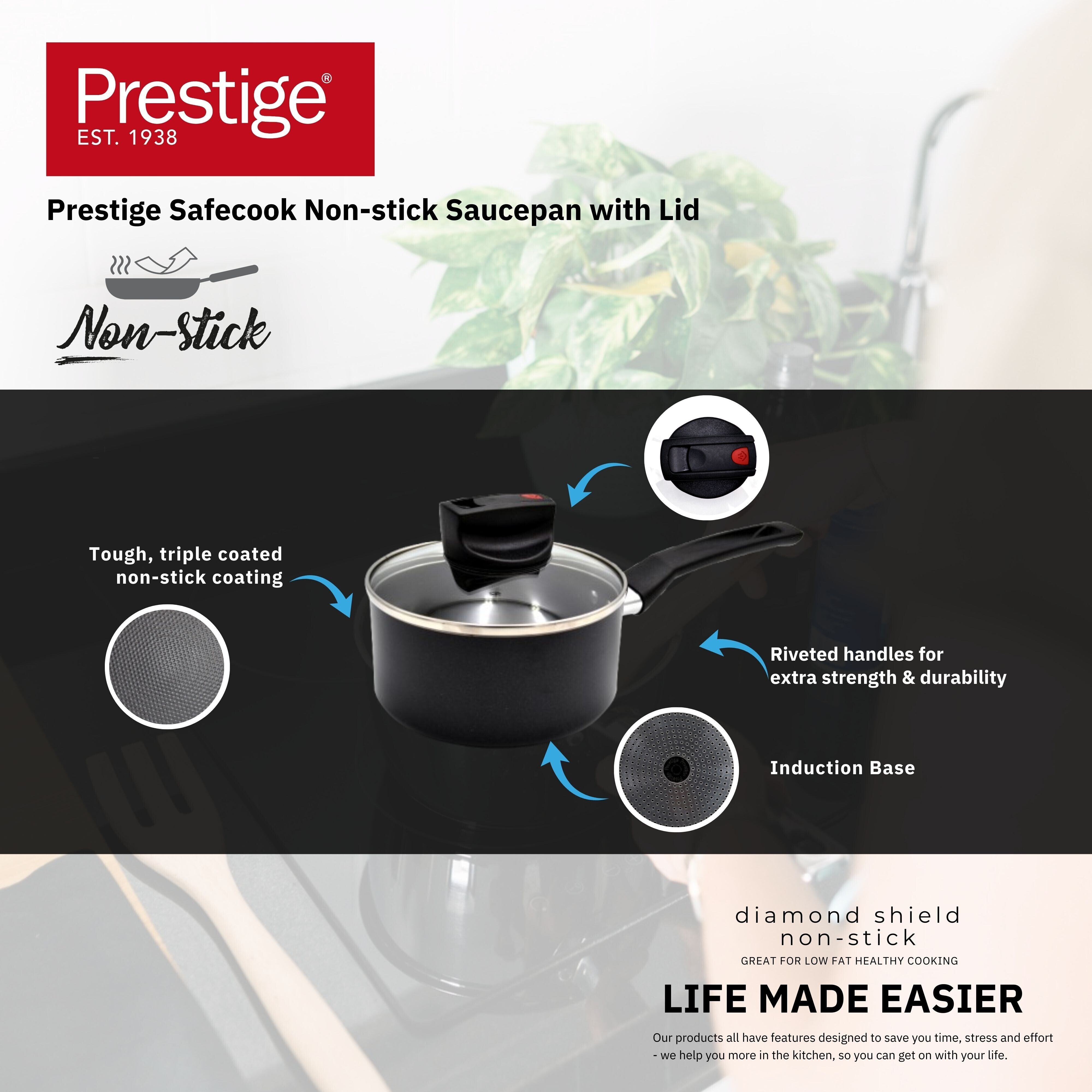 Prestige Safecook Nonstick Saucepan 20 cm | Aluminum Saucepan with Glass Lid | PR22098 - Black