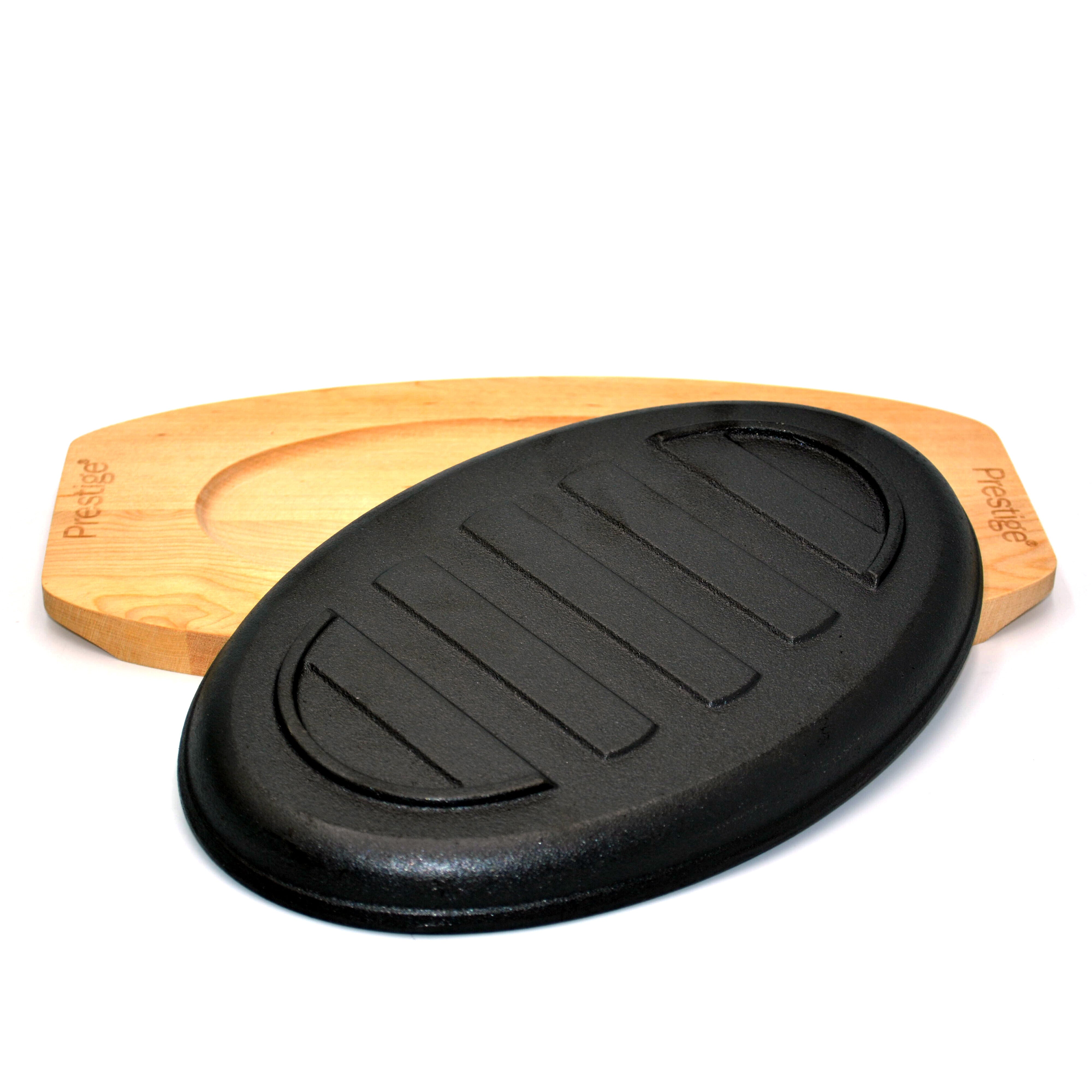 Prestige Pre-Seasoned Cast Iron Sizzler Pan 26cm | Sizzling Steak Plate with Wooden Base | Premium and Durable Cast Iron Griddle | Black - PR50205