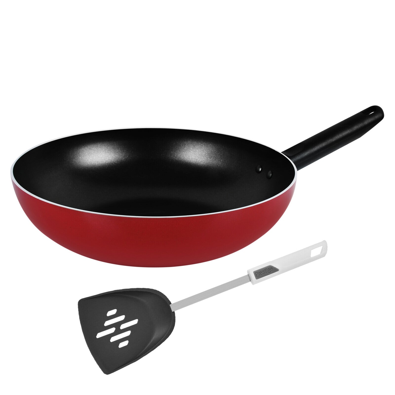 Prestige Wok 2Pcs Set with Turner | Non-Stick 26cm and 3cm Twin Set of Wok & Turner | PR21014 - Red