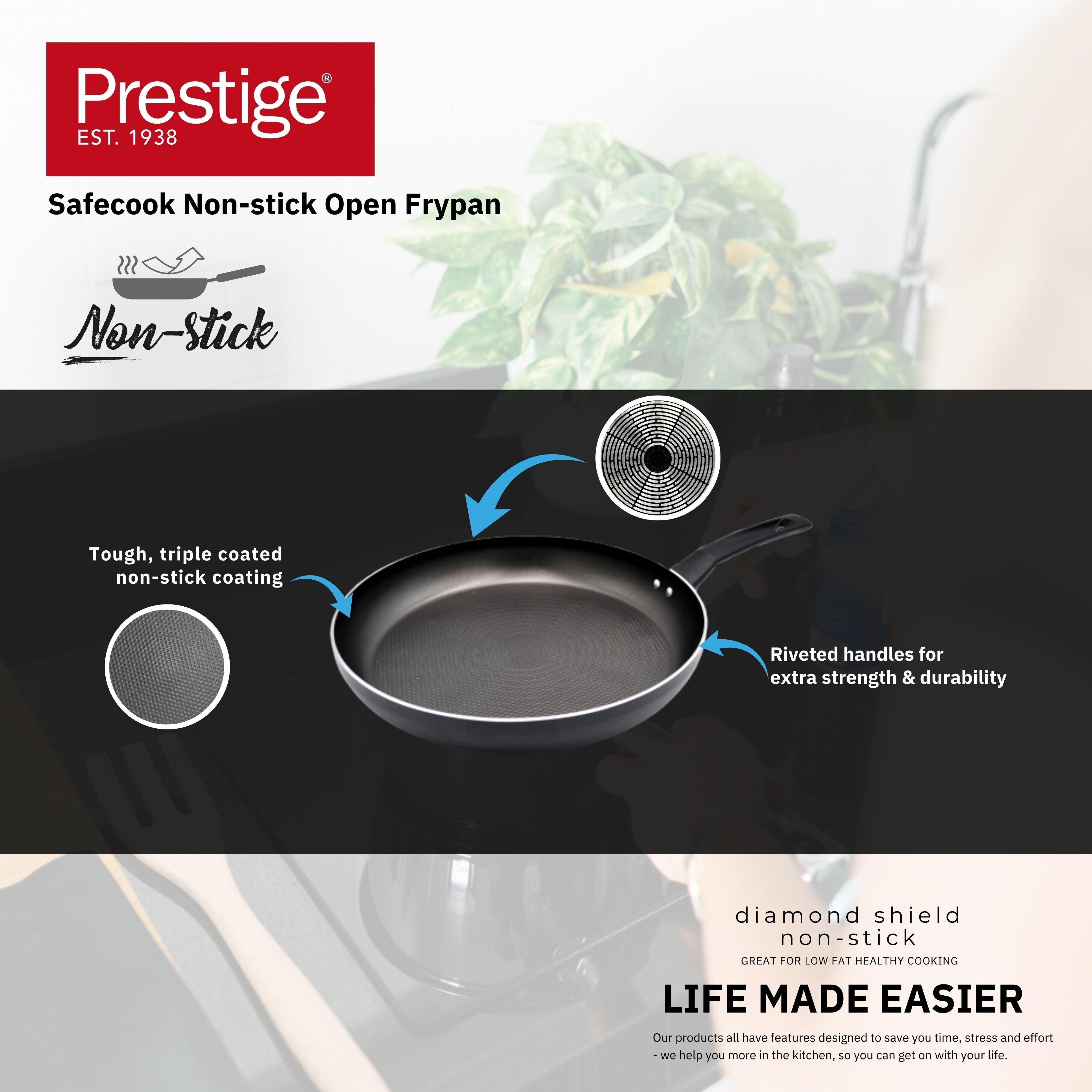 Prestige Safecook Non-stick 32cm Open Frypan | Frying Pan Non-Stick | Dimple shield triple coated Pan - PR22094 - Black