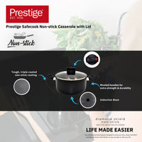 Prestige Safecook Nonstick Casserole 20 cm | Aluminum Cooking Pot with Glass Lid | Induction Compatible Cookware | PR22099 - Black